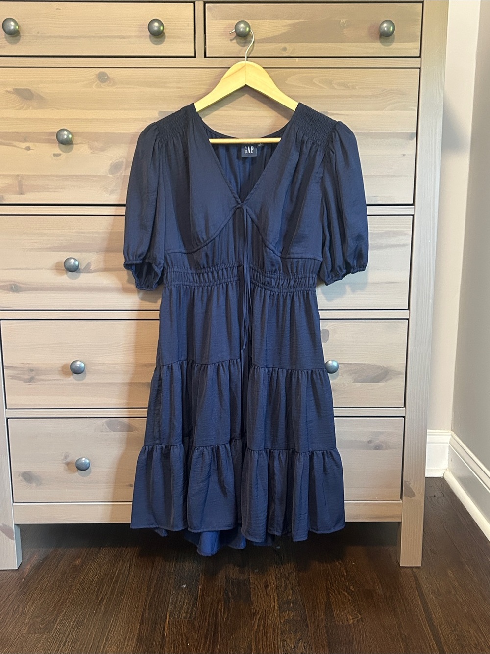 GAP Navy Tiered V-Neck Dress with Puff Sleeves